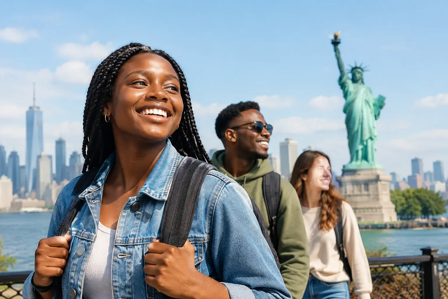 Ghanaian students exploring New York, with the Statue of Liberty and city skyline behind them